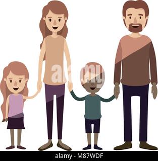 light color shading caricature family group with parents and children taken hands Stock Vector