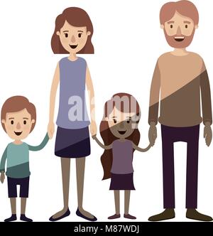 light color shading caricature family group with parents and little kids taken hands Stock Vector