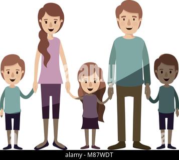 light color shading caricature family with young parents and little kids taken hands Stock Vector