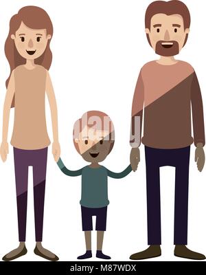 light color shading caricature family with parents and little boy taken hands Stock Vector