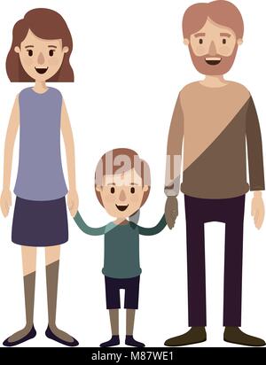 light color shading caricature family with father bearded and mom with short hair with little boy taken hands Stock Vector