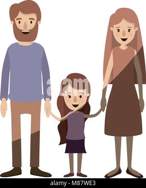 light color shading caricature family with father bearded and mom with long hair with little girl taken hands Stock Vector