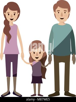 light color shading caricature family with young father and mom with side ponytail hair with little girl taken hands Stock Vector