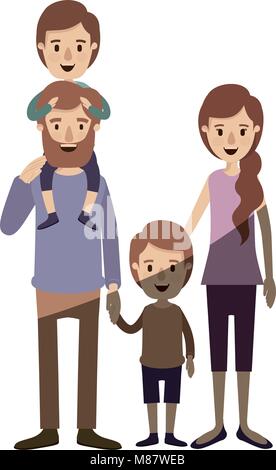 light color shading caricature family parents with boy on his back and girl taken hands Stock Vector