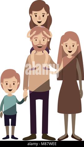light color shading caricature family parents with girl on his back and boy taken hands Stock Vector