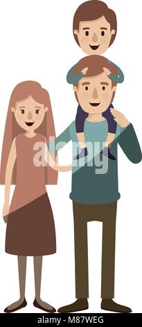light color shading caricature family mother and father with boy on his back Stock Vector