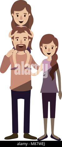 light color shading caricature family with mother and father with moustache and girl on his back Stock Vector