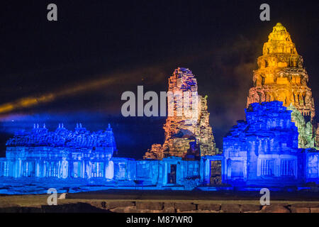 the sound and light show at the Khmer Temple Ruins at the Phimai Festival in  Phimai in the Provinz Nakhon Ratchasima in Isan in Thailand.  Thailand,  Stock Photo