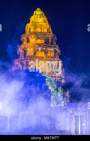 the sound and light show at the Khmer Temple Ruins at the Phimai Festival in  Phimai in the Provinz Nakhon Ratchasima in Isan in Thailand.  Thailand,  Stock Photo