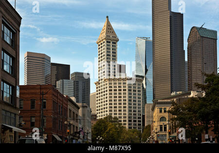 WA13841-00...WASHINGTON - The historic Smith Tower viewed from the Sodo District near Kings Street Station in downtown Seattle. 2017 Stock Photo