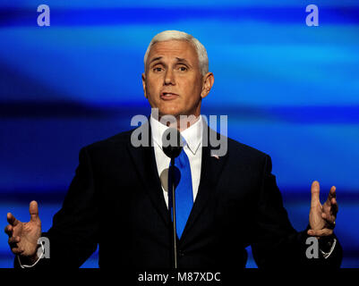 Cleveland Ohio, USA, 20th July, 2016. Republican Governor and now VIce-Presidential candidate Michael 'Mike' Pence addresses the Republican National Convention in the Quicken Arena. Mark Reinstein/MediaPunch