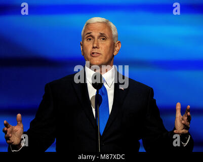 Cleveland Ohio, USA, 20th July, 2016. Republican Governor and now VIce-Presidential candidate Michael 'Mike' Pence addresses the Republican National Convention in the Quicken Arena. Mark Reinstein/MediaPunch Stock Photo