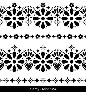 Mexican folk seamless vector background - black and white long designs with flowers Stock Vector