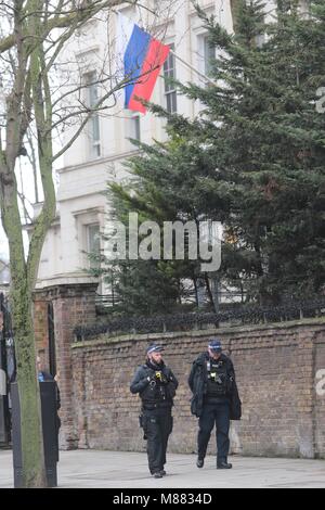 London, UK. 15th March, 2018. Business as usual at the Russian Embassy in Kensington Palace Gardens London UK as the diplomatic pressure grows between Britain and Russia. The Trump administration has now leveled new sanctions Thursday on five institutions and 19 individuals tied to Russia's government. Credit: Nigel Bowles/Alamy Live News Stock Photo