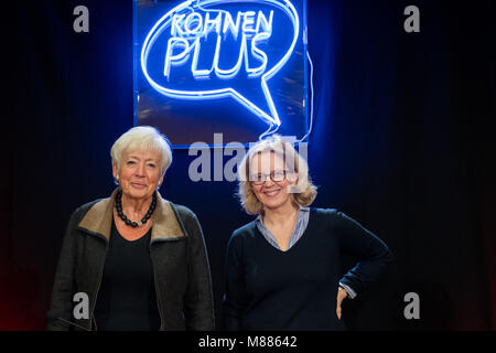 15 March 2018, Germany, Nuremberg: Natascha Kohnen (R), top candidate of the Social Democratic Party (SPD) for the upoming regional election in Bavaria and former German Minister for Family Affairs Renate Schmidt (SPD) stand on stage during a SPD event titled 'Kohnen plus.'. Photo: Daniel Karmann/dpa Stock Photo