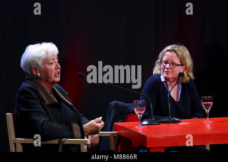 15 March 2018, Germany, Nuremberg: Natascha Kohnen (R), top candidate of the Social Democratic Party (SPD) for the upoming regional election in Bavaria and former German Minister for Family Affairs Renate Schmidt (SPD) sit on stage for a panel discussion during an SPD event titled 'Kohnen plus.'. Photo: Daniel Karmann/dpa Stock Photo