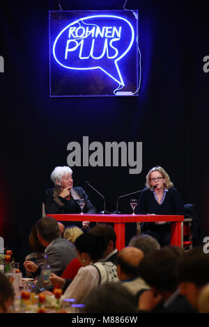 15 March 2018, Germany, Nuremberg: Natascha Kohnen (R), top candidate of the Social Democratic Party (SPD) for the upoming regional election in Bavaria and former German Minister for Family Affairs Renate Schmidt (SPD) sit on stage for a panel discussion during an SPD event titled 'Kohnen plus.'. Photo: Daniel Karmann/dpa Stock Photo