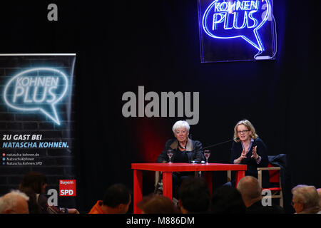 15 March 2018, Germany, Nuremberg: Natascha Kohnen (R), top candidate of the Social Democratic Party (SPD) for the upoming regional election in Bavaria and former German Minister for Family Affairs Renate Schmidt (SPD) sit on stage for a panel discussion during an SPD event titled 'Kohnen plus.'. Photo: Daniel Karmann/dpa Stock Photo