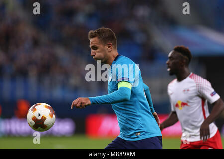 Saint Petersburg, Russia. 15th Mar, 2018. Domenico Criscito of FC Zenit Saint Petersburg vie for the ball during the UEFA Europa League Round of 16 2nd leg football match between FC Zenit Saint Petersburg and RB Leipzig at Saint Petersburg Stadium. Credit: Igor Russak/SOPA Images/ZUMA Wire/Alamy Live News Stock Photo