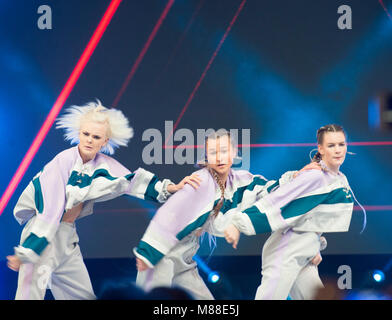 ExCel, London, UK. 16 March 2018. Move It dance event opens from 16-18 March. Code 3 perform on the main stage. Credit: Malcolm Park/Alamy Live News. Stock Photo