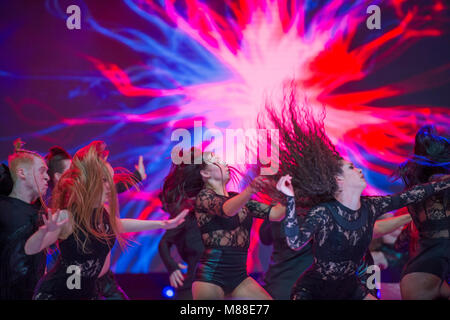 ExCel, London, UK. 16 March 2018. Move It dance event opens from 16-18 March. Masters Performing Arts on the main stage. Credit: Malcolm Park/Alamy Live News. Stock Photo