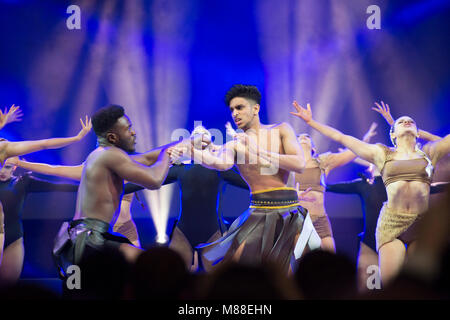 ExCel, London, UK. 16 March 2018. Move It dance event opens from 16-18 March. Performers, day 1 on the main stage. Credit: Malcolm Park/Alamy Live News. Stock Photo