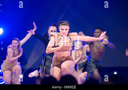 ExCel, London, UK. 16 March 2018. Move It dance event opens from 16-18 March. Performers, day 1 on the main stage. Credit: Malcolm Park/Alamy Live News. Stock Photo