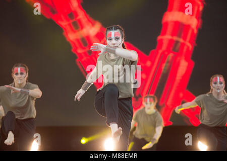 ExCel, London, UK. 16 March 2018. Move It dance event opens from 16-18 March. Performers, day 1 on the main stage. Credit: Malcolm Park/Alamy Live News. Stock Photo