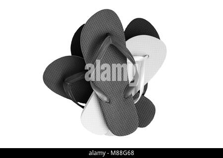 A stack of several pairs of multi-colored rubber flip-flops, isolated. Stock Photo