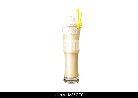 Banana milkshake with a straw. Stock Photo