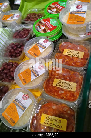 Specialty dips ,spreads and sausages in a market Stock Photo