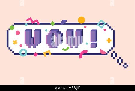 Vector 8 bit pixel art speech bubble with 3D letters phrase WOW. Colorful geometric pattern around.  Social networks and messengers sticker. Stock Vector