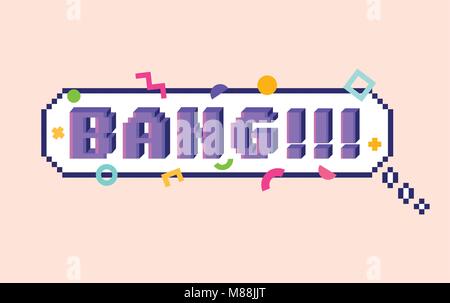 Vector 8 bit pixel art speech bubble with 3D letters phrase BANG. Colorful geometric pattern around.  Social networks and messengers sticker. Stock Vector