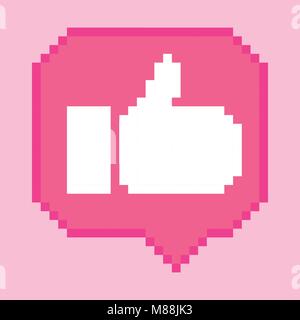 Vector pixel 8 bit pink bubble with white thumb up sign. Social networks notification icon. Stock Vector