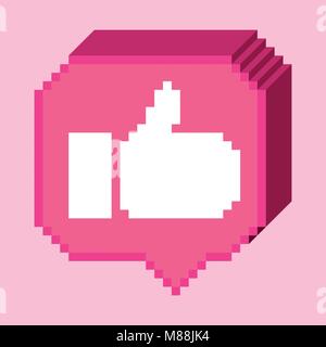 Vector pixel 8 bit 3D pink bubble with white thumb up sign. Social networks notification icon. Stock Vector