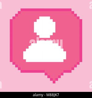 Vector pixel 8 bit pink bubble with white subscriber follower sign. Social networks notification icon. Stock Vector