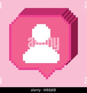 Vector pixel 8 bit 3D pink bubble with white human figure, subscriber sign. Social networks notification icon. Stock Vector