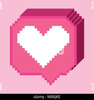 Vector pixel 8 bit 3D pink bubble with white heart like sign. Social networks notification icon. Stock Vector