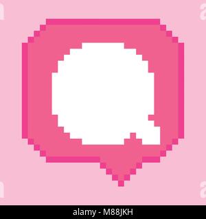 Vector pixel 8 bit pink bubble with white comment sign. Social networks notification icon. Stock Vector
