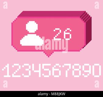 Vector pixel 8 bit pink 3D bubble with white subscriber follower sign and numbers. 0-9 digits. Social networks notification icon. Stock Vector
