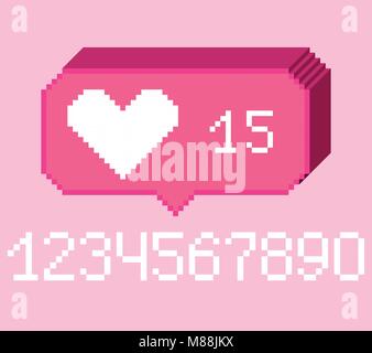 Vector pixel 8 bit pink 3D bubble with white heart like sign with number. 0-9 digits set. Social networks notification icon. Stock Vector