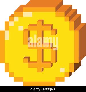 Vector 8 bit pixel art 3D dollar icon. Color concept of dollar currency. Stock Vector