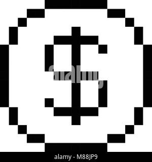 Vector 8 bit pixel art dollar icon. Black and white concept of dollar currency. Stock Vector