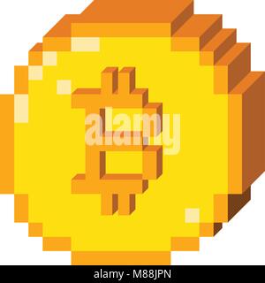 Vector 8 bit pixel art bitcoin icon. Color  3D concept of cryptocurrency. Stock Vector