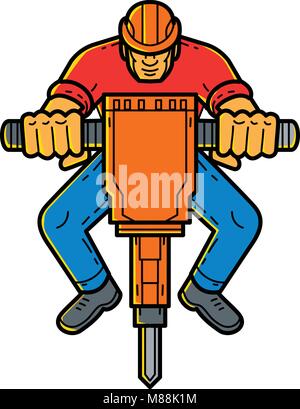 Mono line illustration of a construction worker operating jackhammer, pneumatic drill or demolition hammer, a pneumatic electro-mechanical tool that c Stock Vector