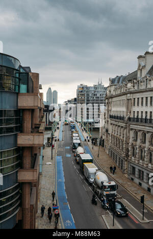 London, United Kingdom- March 13, 2018: Aerial view of heavy northbound traffic on Southwark Bridge crossing the Thames, London, England, UK Stock Photo