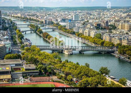 Île aux Cygnes a small island on the river Seine in Paris, France, in the 15th arrondissement and Pont de Grenelle Bridge taken from the Eiffel Tower Stock Photo