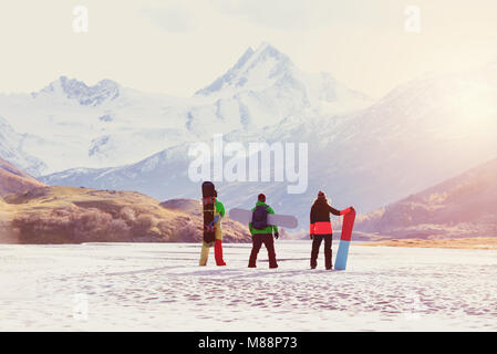 Ski concept friends snowboarders mountains Stock Photo