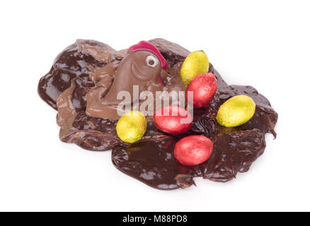 Melting chocolate easter chicken - Isolated on white background Stock Photo