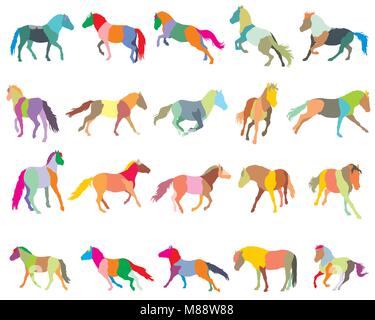 Set of mosaic vector colorful trotting and galloping horses (Norwegian fjord pony) silhouettes isolated on white background Stock Vector